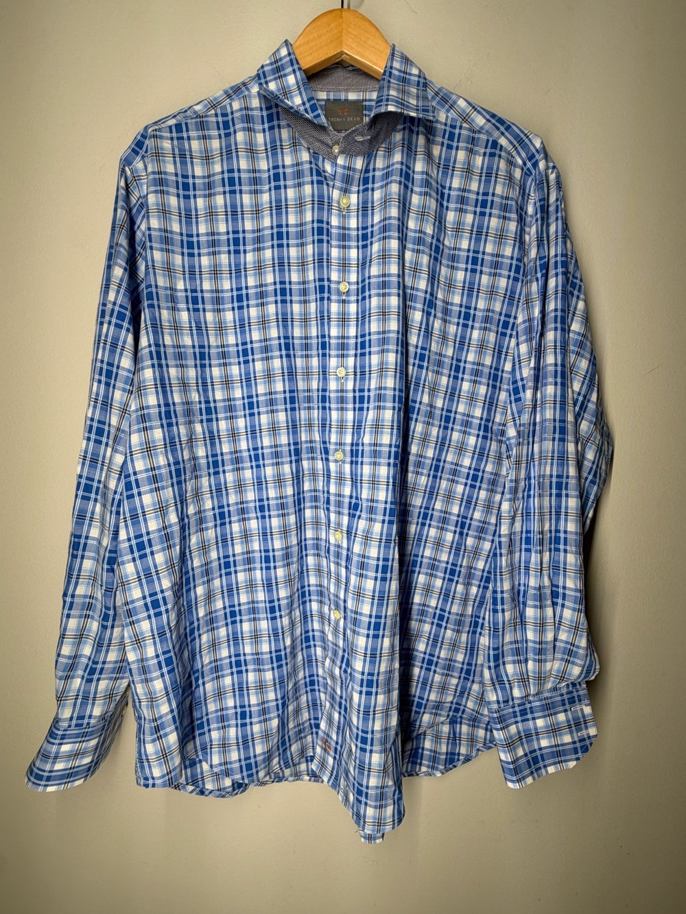 Thomas Dean Blue Plaid Button Down Shirt Classic Menswear Preppy Office Workwear